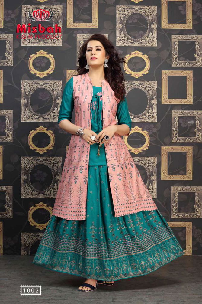 Misbah Nayantara 1 Designer Exclsive   Fancy Finest Quality Of Rayon Heavy Gold Print With Work With Jacket Kurti With Skirt Collection